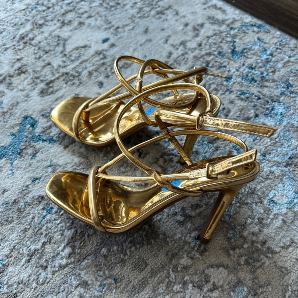 Guess Gold Strappy Square Toe Heeled Sandals